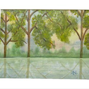 Painting Watercolor Forest Trees Lake Landscape Green Original 11x14 & Mat 16x20